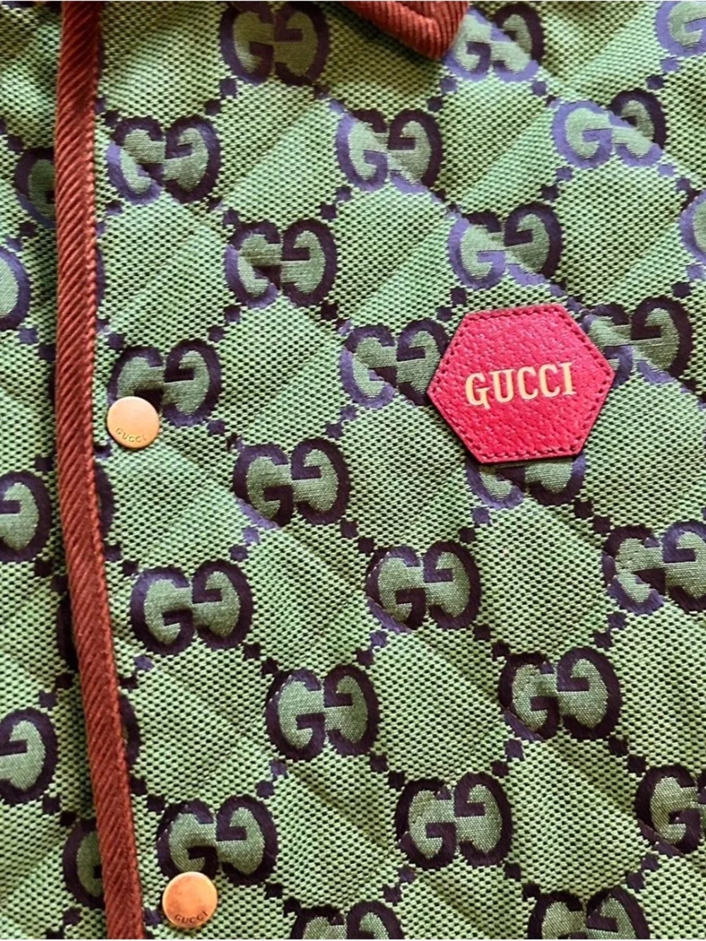 Rare Gucci Men’s 100th collection Green GG Quilted Jacket with Brown Trim